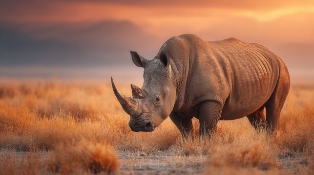 wild rhinos grazing peacefully on open plains during sunset, dramatic clouds in the sky, natural habitat and serene wildlife scene