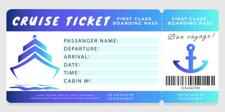 Cruise boarding pass template with ocean liner illustration, blank information fields and text. Vector template for cruise travel