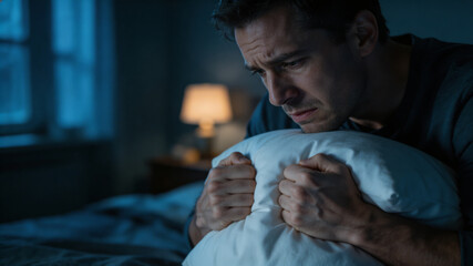 Fototapeta premium Man Suffering from Insomnia and Anxiety Holding Pillow at Night. A middle-aged man sitting on a bed in a dark room, looking distressed and exhausted while clutching a pillow, representing insomnia