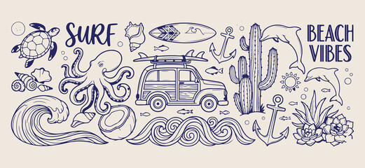 Minimal hand drawn surf culture doodle, Expressive brush line ocean life, Clean layout beach gear illustration, High negative space surfing elements, Rough sketch style coastal lifestyle art, Simple b © Geetaroy