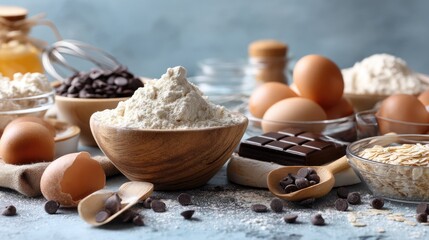 Fototapeta premium Baking Ingredients Variety with Flour, Eggs, Chocolate and Oats