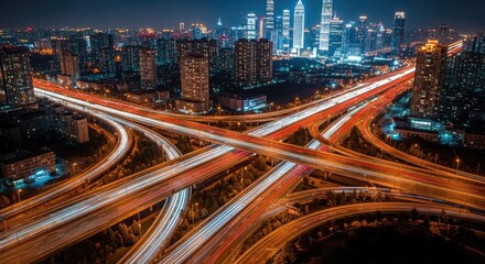 Obraz premium Nighttime cityscape with illuminated roads and buildings transportation concept
