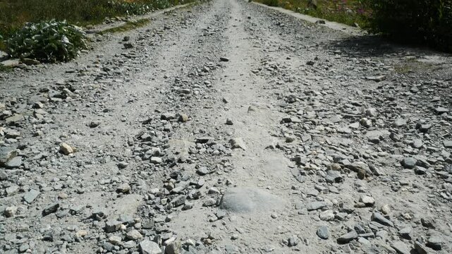 Dirt mountain path in Veny Valley (Aosta Valley), Italy, with hikers walking in the distance. Green vegetation and high peaks and mountains at both sides. Blue sky on the background.
