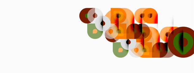 Fototapeta premium Abstract shapes overlap, creating playful composition. Warm colors dominate, with green accents. Minimalist design on white background.