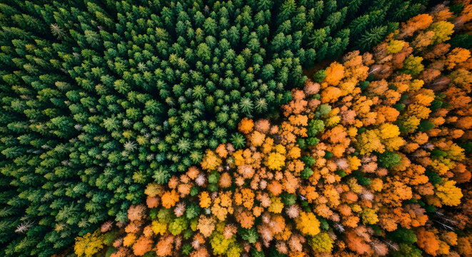 Top view of forest changing seasons with green evergreen and orange autumn foliage divide.