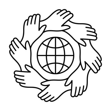 Linear icon of hands holding in a circle around the globe. Minimalist symbol of global unity, cooperation, peace, and international support. Vector illustration.