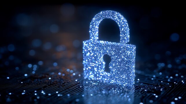 Digital security lock with glowing blue particles.