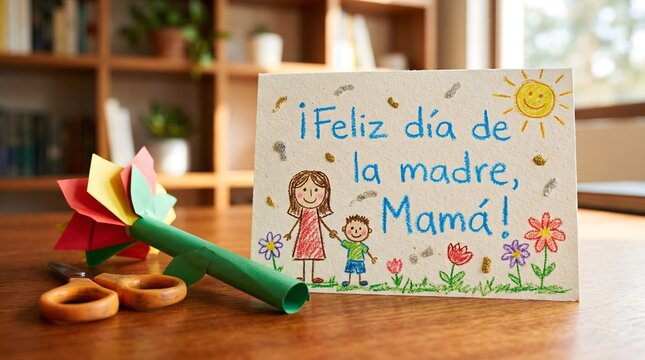 Handmade Spanish Mother's Day card with Feliz dia de la madre text and child's drawing next to a paper flower and scissors on a wooden table in a cozy home interior.