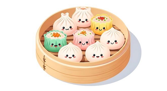 Adorable cartoon dim sum characters with smiling faces in a traditional bamboo steamer basket, a delightful illustration of Asian cuisine and snacks