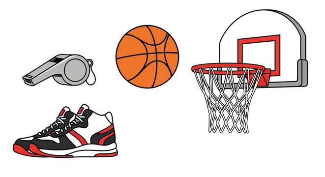 Basketball equipment illustration whistle ball net and shoe elements isolated