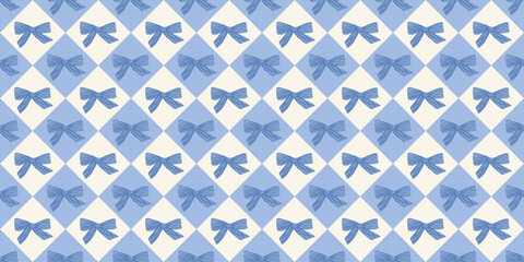 Obraz na płótnie Canvas Checkered plaid seamless pattern with hand drawn bow. Pastel blue diamond background with ribbon. Pretty print for wrapping paper, textile and fabric. Repeat wallpaper texture. Vector illustration