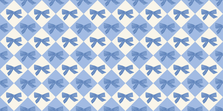 Checkered plaid seamless pattern with hand drawn bow. Pastel blue diamond background with ribbon. Pretty print for wrapping paper, textile and fabric. Repeat wallpaper texture. Vector illustration