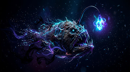 Naklejka premium Bioluminescent anglerfish deep sea creature glowing lure underwater dark ocean fantasy horror illustration
