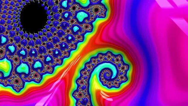 Fractal patterns in vivid colors moving smoothly. The changes create a hypnotic effect in a digital setting
