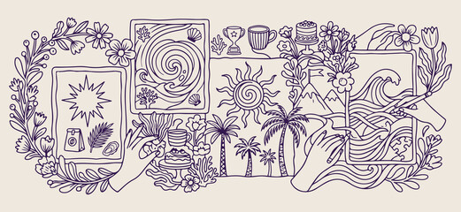 Fototapeta premium Hand drawn tropical beach palm tree, minimalist ocean resort and nature doodles, decorative island vacation and sea sketches, artistic travel adventure and beach icons, minimalist coastal and shore li