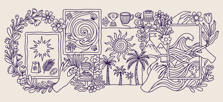 Hand drawn tropical beach palm tree, minimalist ocean resort and nature doodles, decorative island vacation and sea sketches, artistic travel adventure and beach icons, minimalist coastal and shore li