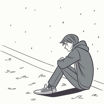 Lonely boy sitting alone outside under rain with isolation melancholy outdoors solitude depressed downtrodden emotions thoughtful illustration monochrome troubled heartbroken loneliness