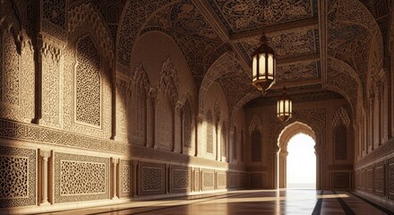 Obraz premium Ornate corridor interior with patterned walls and warm lighting