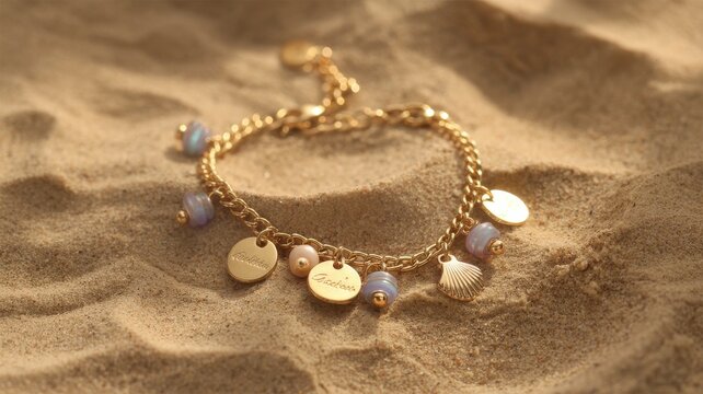 Gold anklet bracelet with shell, pearl, and blue bead charms lying on fine beach sand.