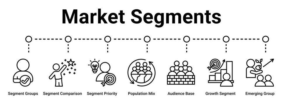 Market Segments web banner icon vector illustration concept for business with icon of Segment Groups, Segment Comparison, Segment Priority, Population Mix, Audience Base, Growth Segment, Emerging.