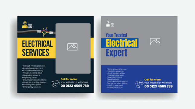 Electrical services social media post template professional work wiring rewiring installation circuit breakers troubleshooting repair promotional advertising promo, square flyer poster template design