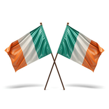 Two Crossed Ireland National Flags Waving on Wooden Poles Isolated on White Background