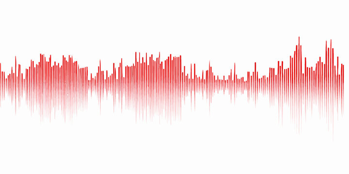 A vibrant red and blue digital equalizer waveform pulse glows against a dark city backdrop in this vector illustration of a modern audio frequency graph design