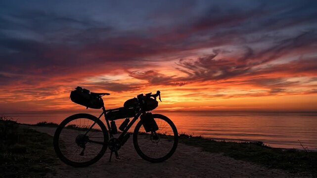 Gravel bicycle parked on a scenic coastal path during a vibrant sunset. Bikepacking adventure concept featuring a touring bike silhouetted against a dramatic colorful sky with an ocean horizon