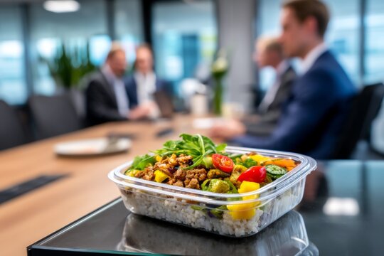 Modern Business Lunch in a Glass Container on a Stylish Conference Table