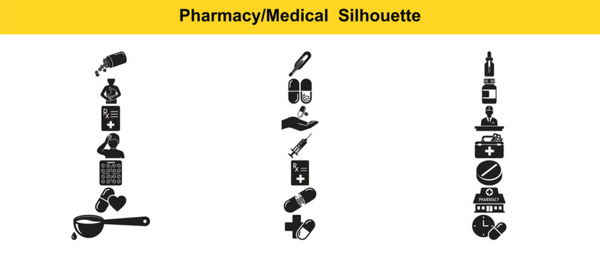 A collection of black silhouette icons representing various pharmacy and medical items, tools, and symbols arranged in three vertical columns on a white background.