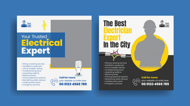 Expert Electrician Services for Home Appliances Social Media Posts, Banner Ads, Web Advertisements, Fast & Reliable Repair, Maintenance, Emergency Services, Promotional square flyer poster Templates