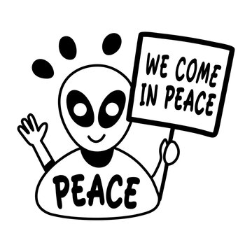 A glyph sticker of friendly alien with peace typography

