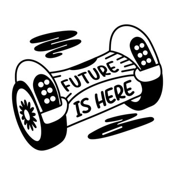 A glyph sticker of a hoverboard with future is here typography 

