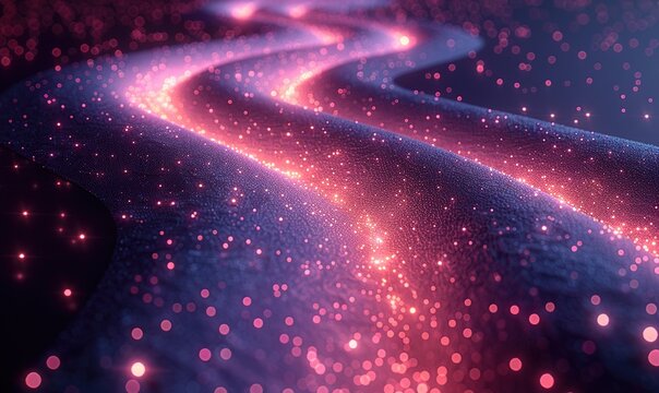 A vibrant pink and purple abstract background with glowing neon lights and sparkling particles