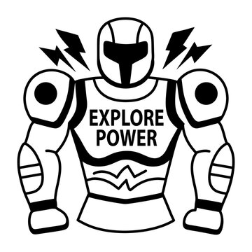 A glyph sticker of an armour character with explore power typography 

