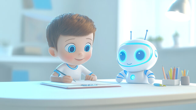 Cartoon-style AI robot tutor helps with homework