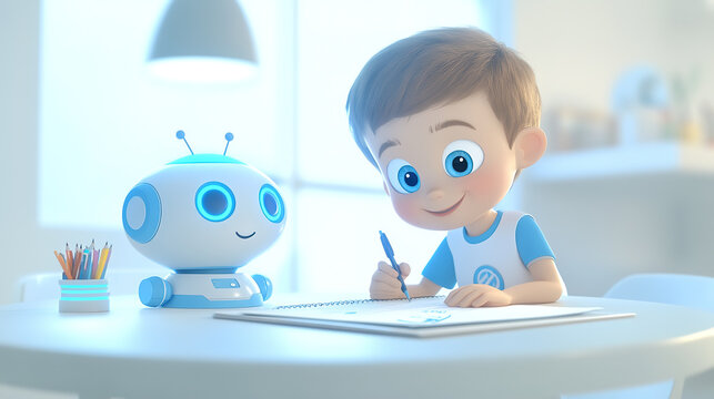 Cartoon-style AI robot tutor helps with homework