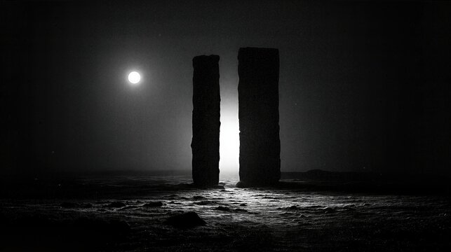 Two tall stone pillars silhouetted against full moon at night. Ancient monoliths in misty rocky landscape. Lunar mystery and prehistoric ruins concept for atmospheric photography.