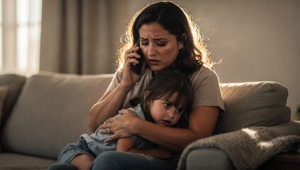 Obraz premium A worried mother sits on a couch with her child while talking on the phone, conveying a sense of concern and anxiety.