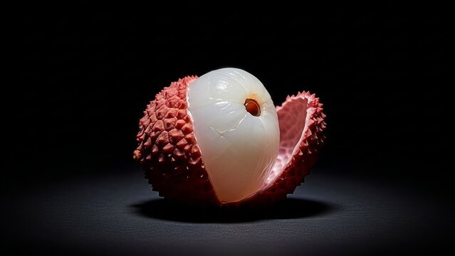 Exotic delight: A peeled lychee fruit bathed in light against a dark backdrop