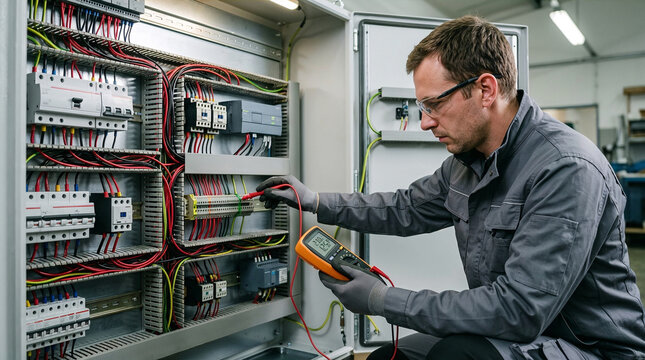 Focused male electrician using a digital multimeter to test an industrial electrical panel.