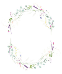 Watercolor floral wreath border frame. Blue bells, violet lavender flowers. Green, turquoise eucalyptus branches, leaves. Hand drawn style illustration. Artistic template design. © satika
