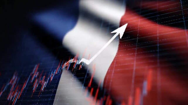 french flag with a stock market chart overlay showing a white arrow pointing upwards, representing economic growth and financial success with data visualization.