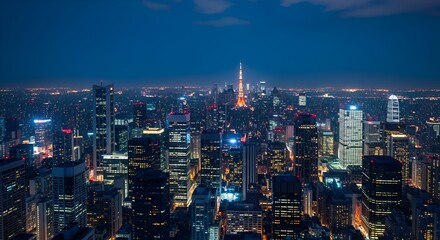 Naklejka premium Tokyo city skyline at night with Tokyo Tower illuminated, urban landscape