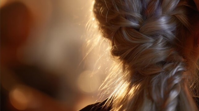 Close-up of the back of a woman's head. the hair is styled in a fishtail braid, which is a type of braided hairstyle.