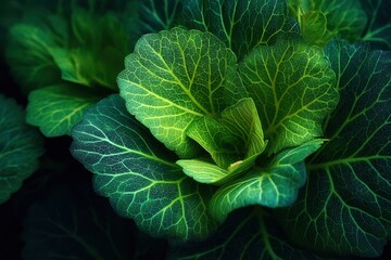 Obraz premium Close-up of vibrant green cabbage leaves with pronounced veining and lush texture in natural light