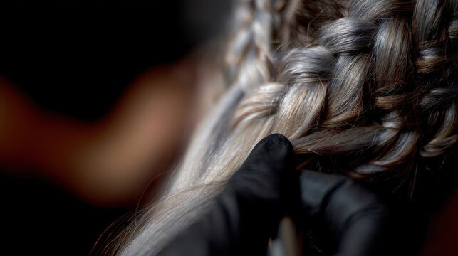 Close-up of a person's hair. the hair is styled in a fishtail braid, which is a type of braided hairstyle.