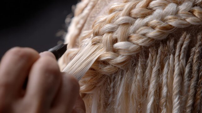 Close-up of a person's hand holding a pair of scissors and working on a braided hairstyle. the hair is blonde and appears to be braided in a loose, loose style.