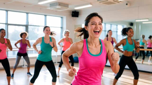 Joyful group of diverse women participating in an energetic cardio aerobics workout class in a bright, sunlit modern fitness studio