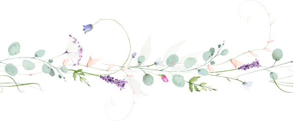 Watercolor floral seamless horizontal border. Meadow blue, turquoise eucalyptus branches, violet lavender, pink flowers, green leaves. Hand drawn illustration. Artistic template design © satika
